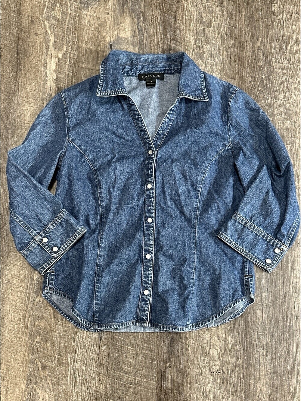 Harold’s Women’s Denim 3/4 Sleeve Pearl Snap Blouse Size 8